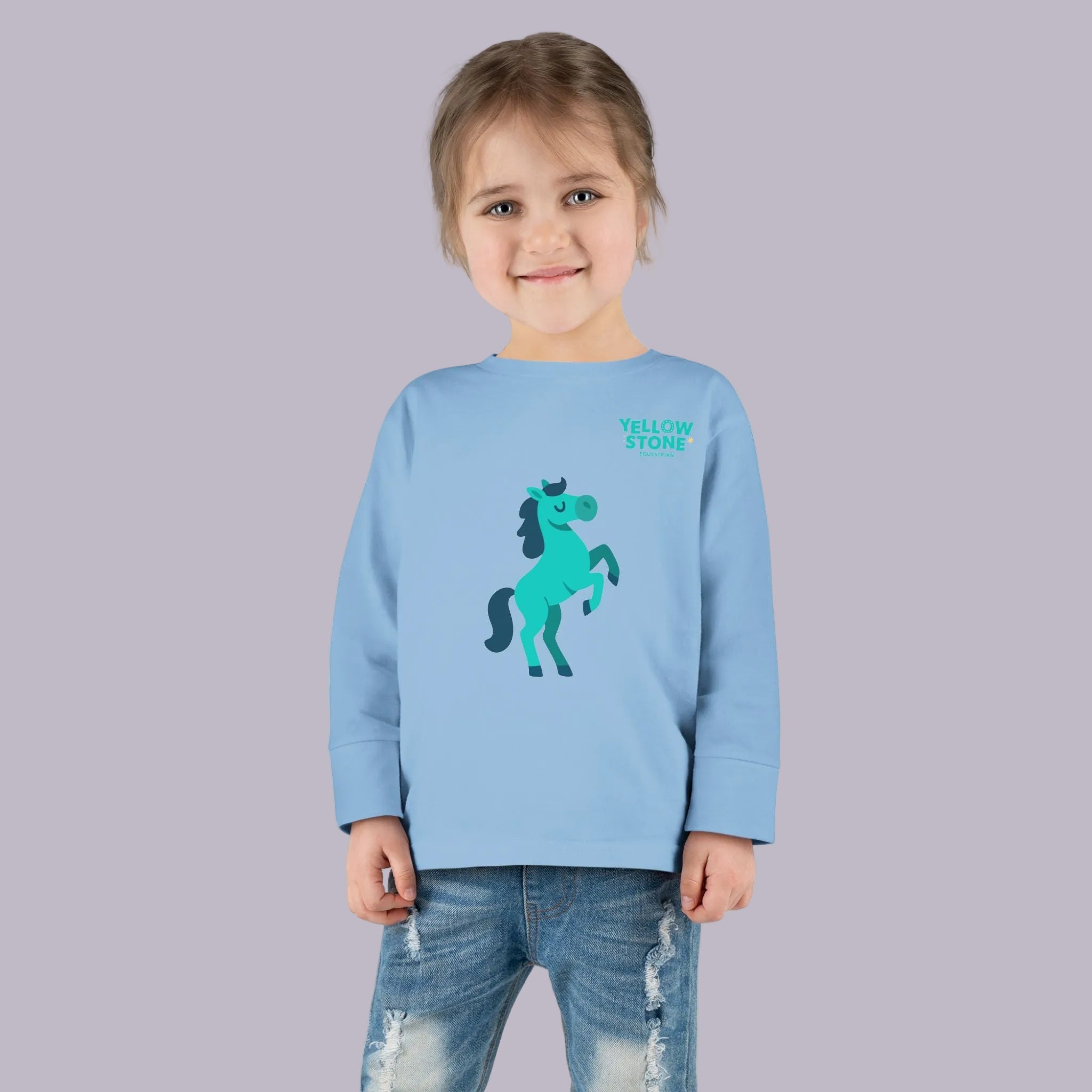Toddler Long Sleeve Tee — Playful Teal Horse Graphic (“Yellow Stone”)