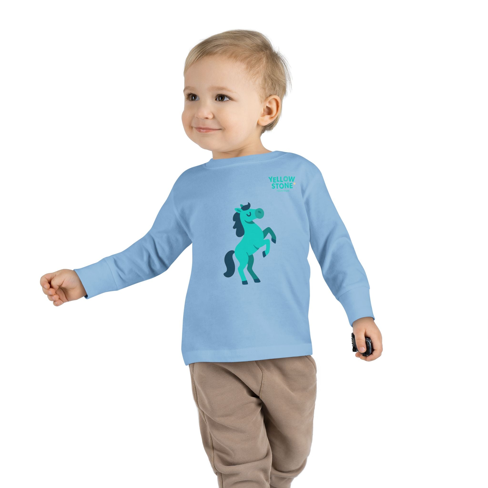 Toddler Long Sleeve Tee — Playful Teal Horse Graphic (“Yellow Stone”)