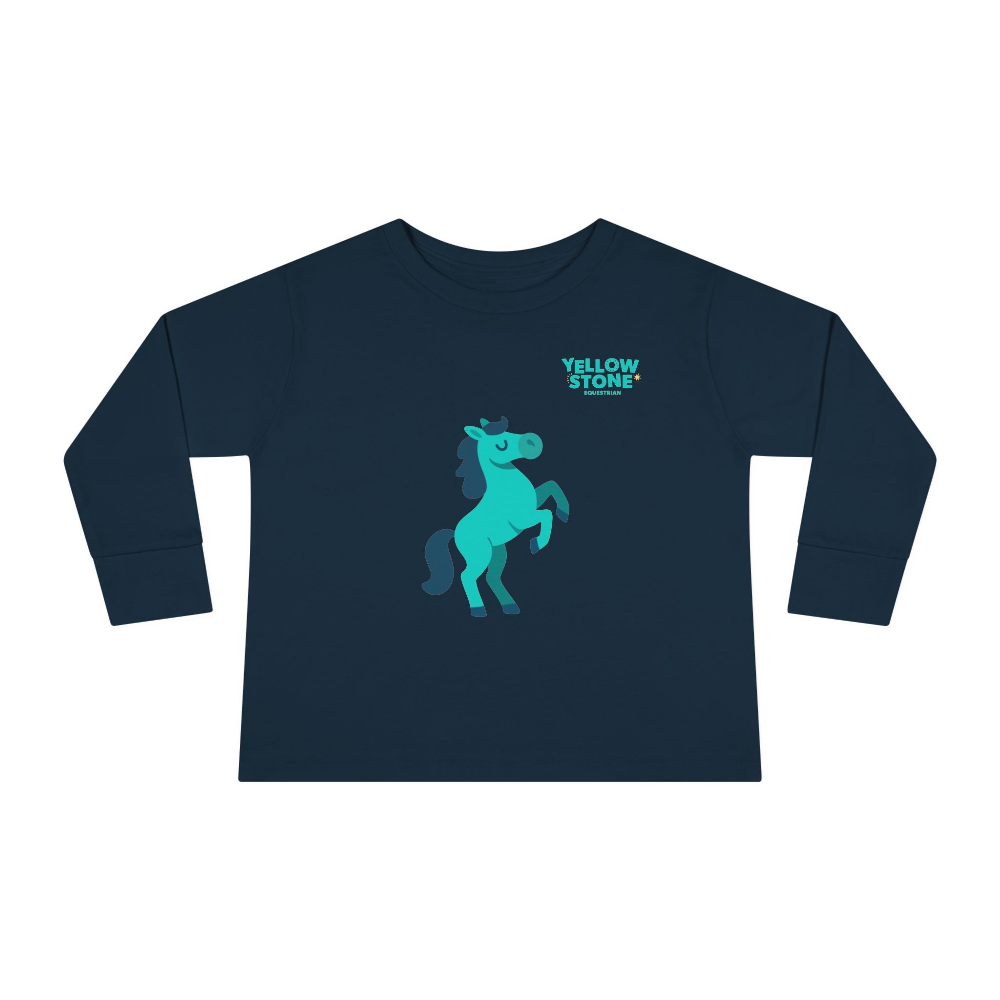 Toddler Long Sleeve Tee — Playful Teal Horse Graphic (“Yellow Stone”)