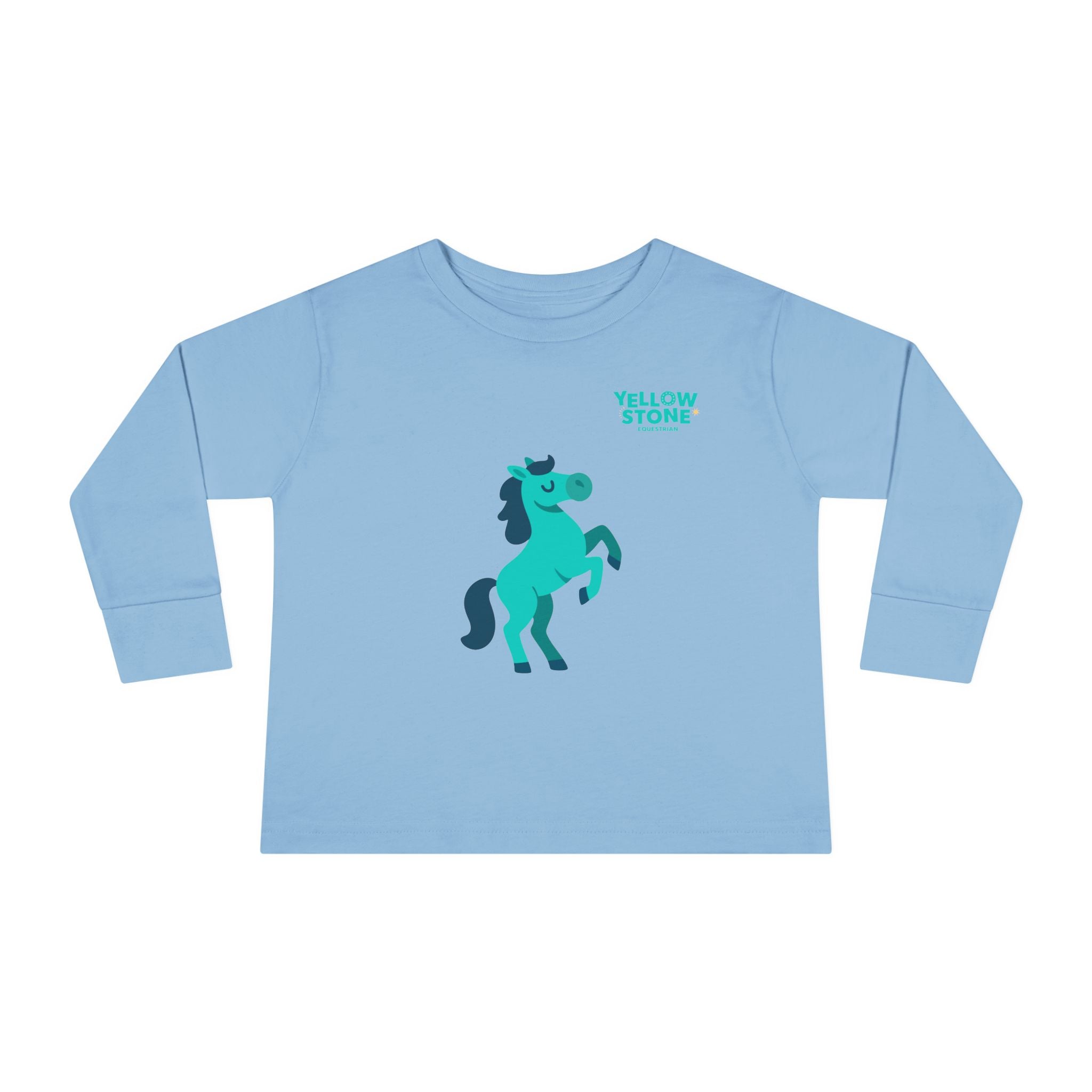 Toddler Long Sleeve Tee — Playful Teal Horse Graphic (“Yellow Stone”)