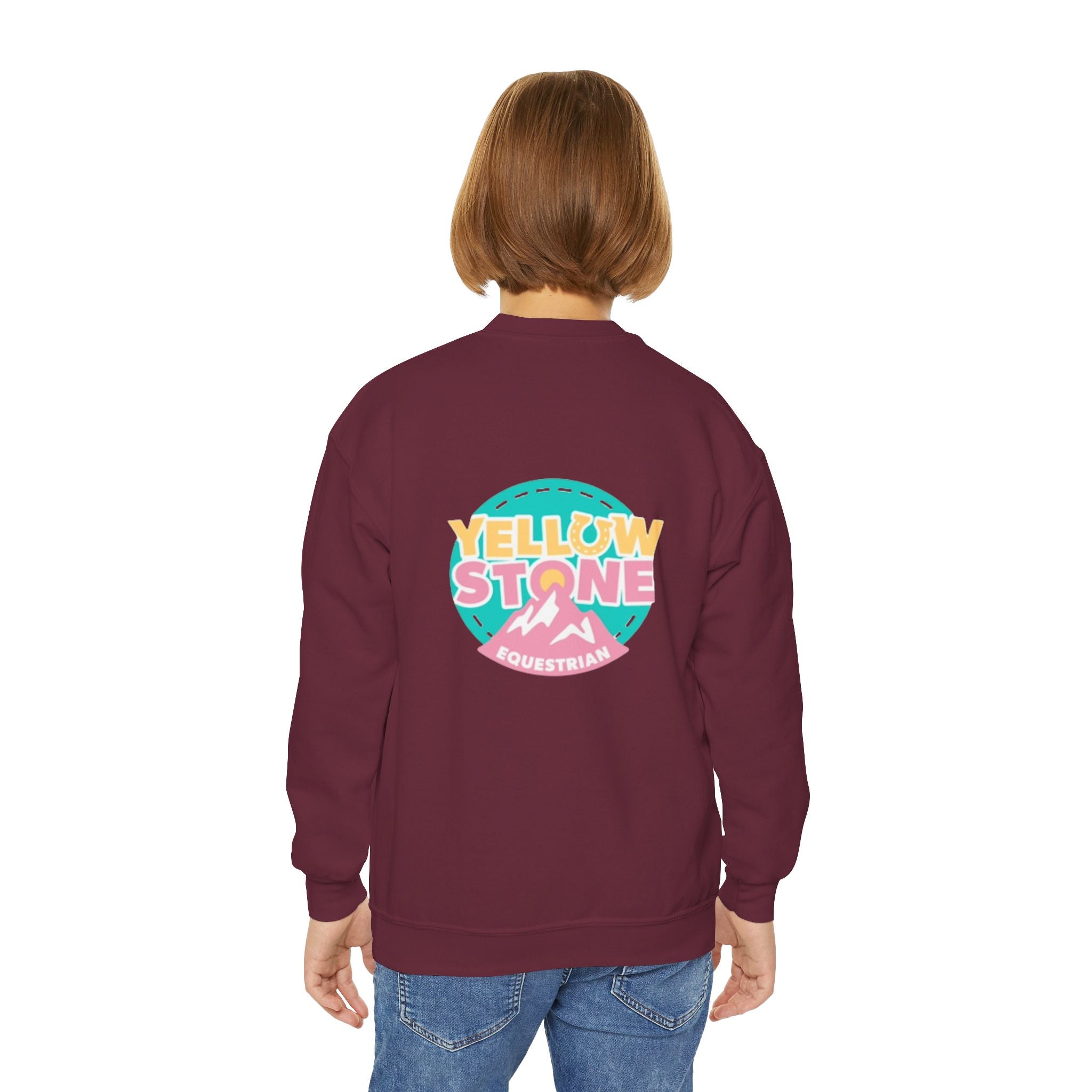 Youth Crewneck Sweatshirt — Yellowstone Equestrian Logo Crewneck (Pastel Retro Mountain Design)