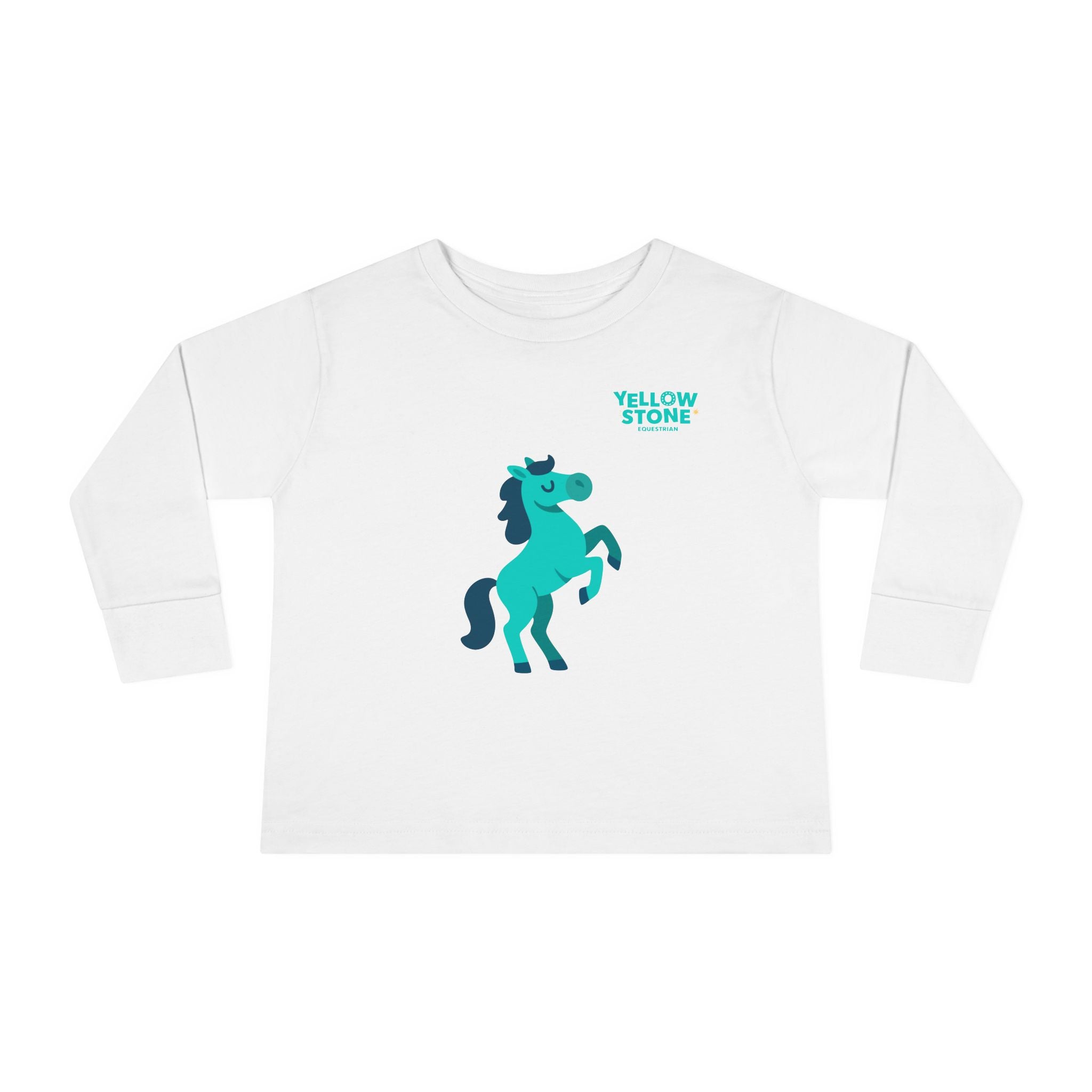 Toddler Long Sleeve Tee — Playful Teal Horse Graphic (“Yellow Stone”)