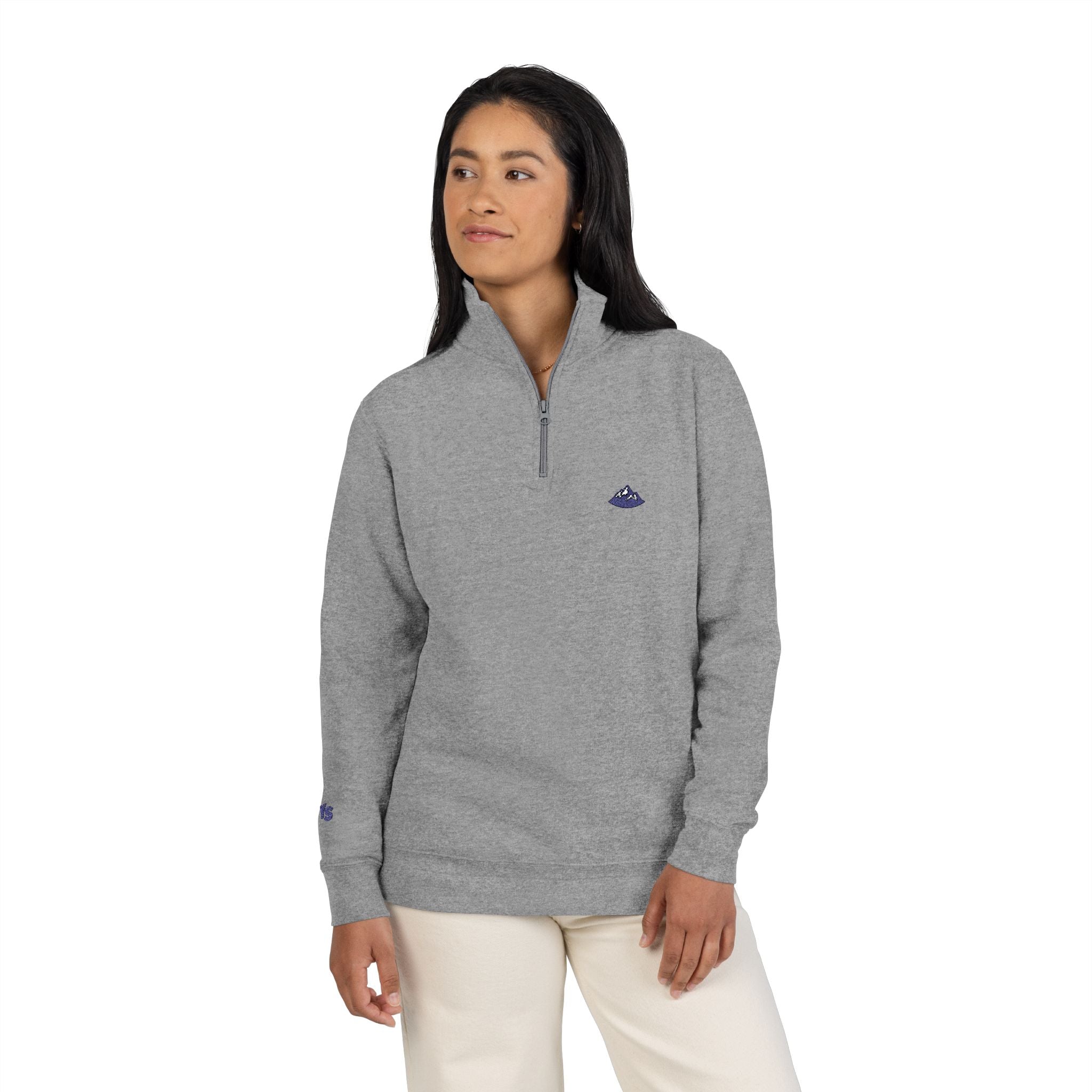Embroidered Grey Fleece Quarter-Zip Pullover — Subtle Logo Chest & Sleeve