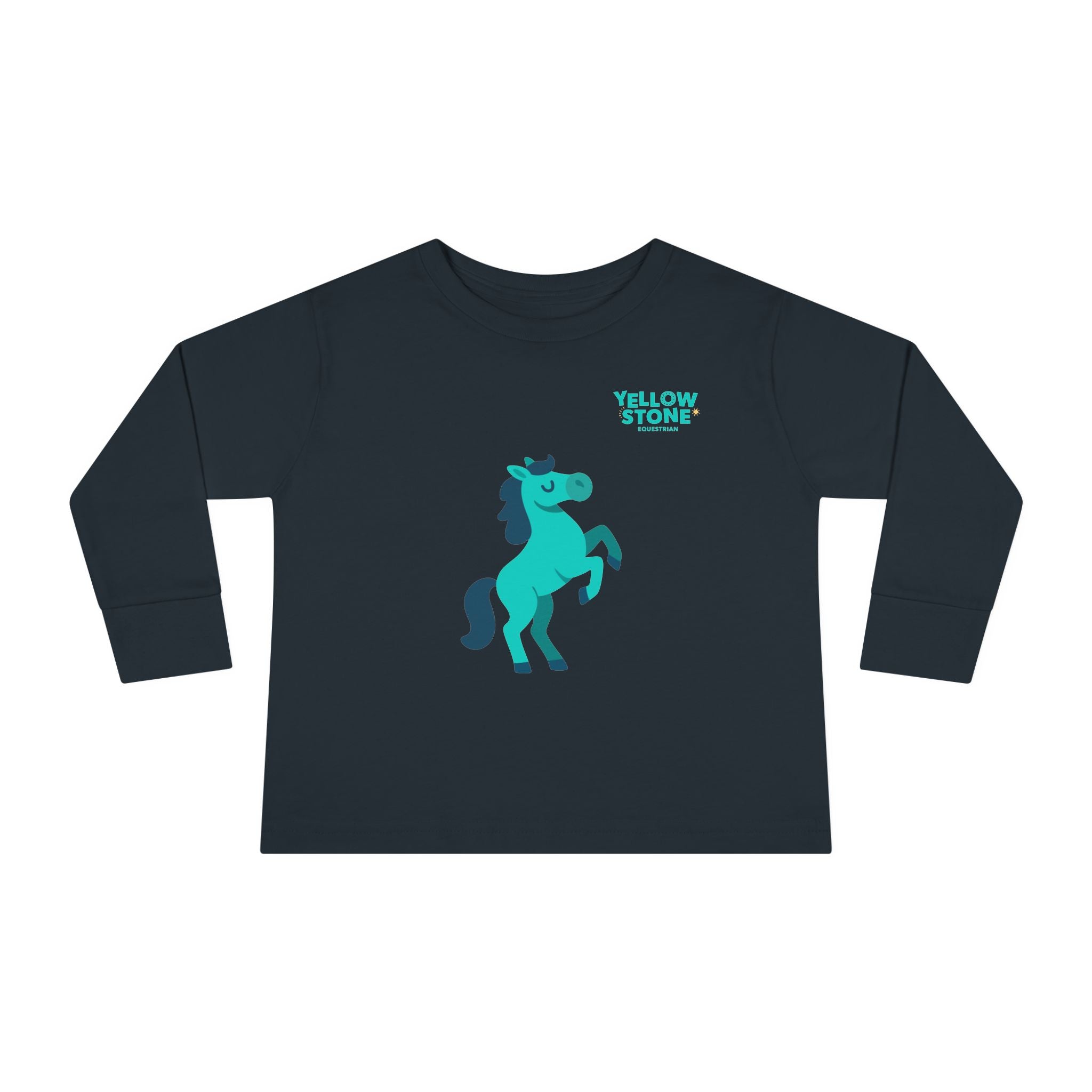 Toddler Long Sleeve Tee — Playful Teal Horse Graphic (“Yellow Stone”)