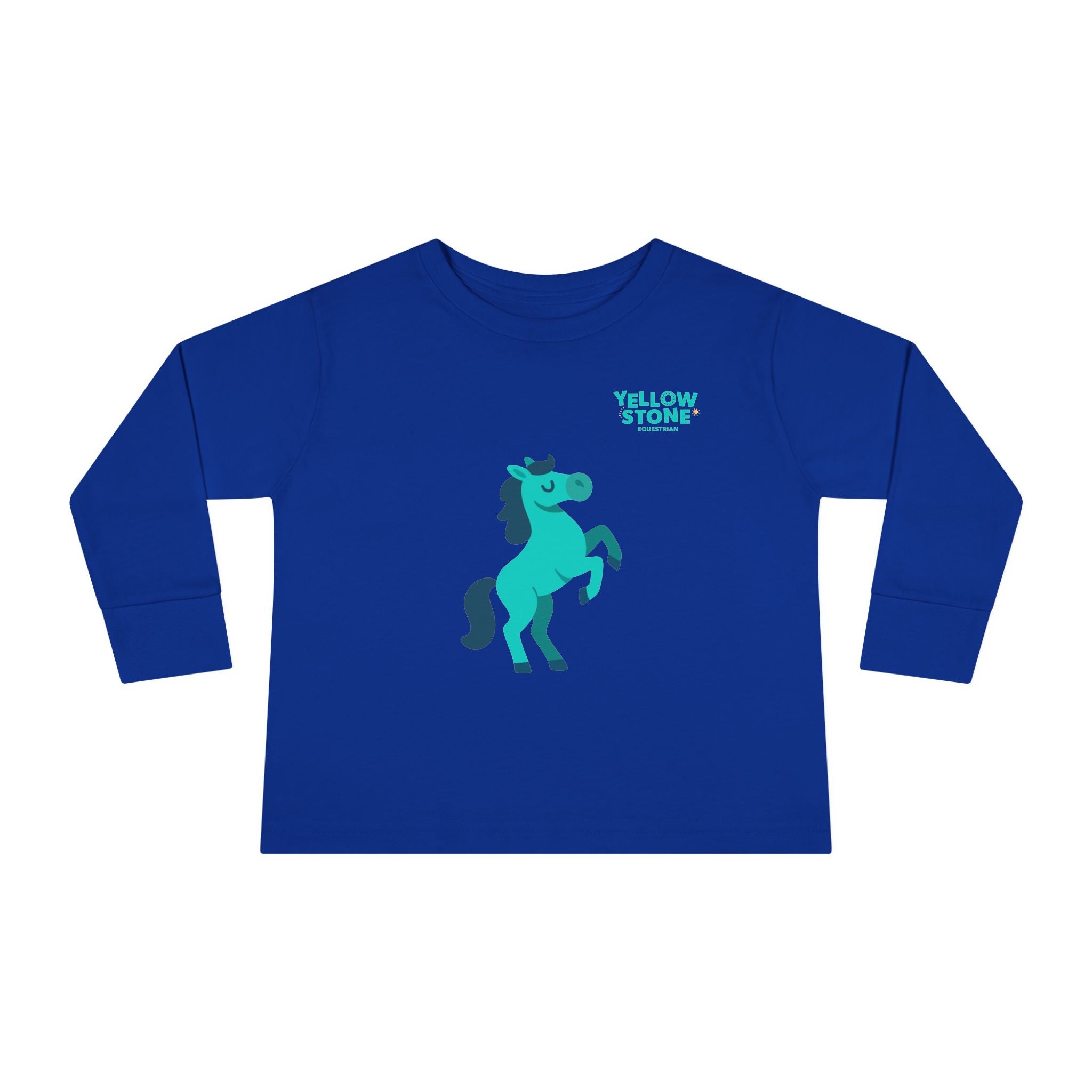 Toddler Long Sleeve Tee — Playful Teal Horse Graphic (“Yellow Stone”)
