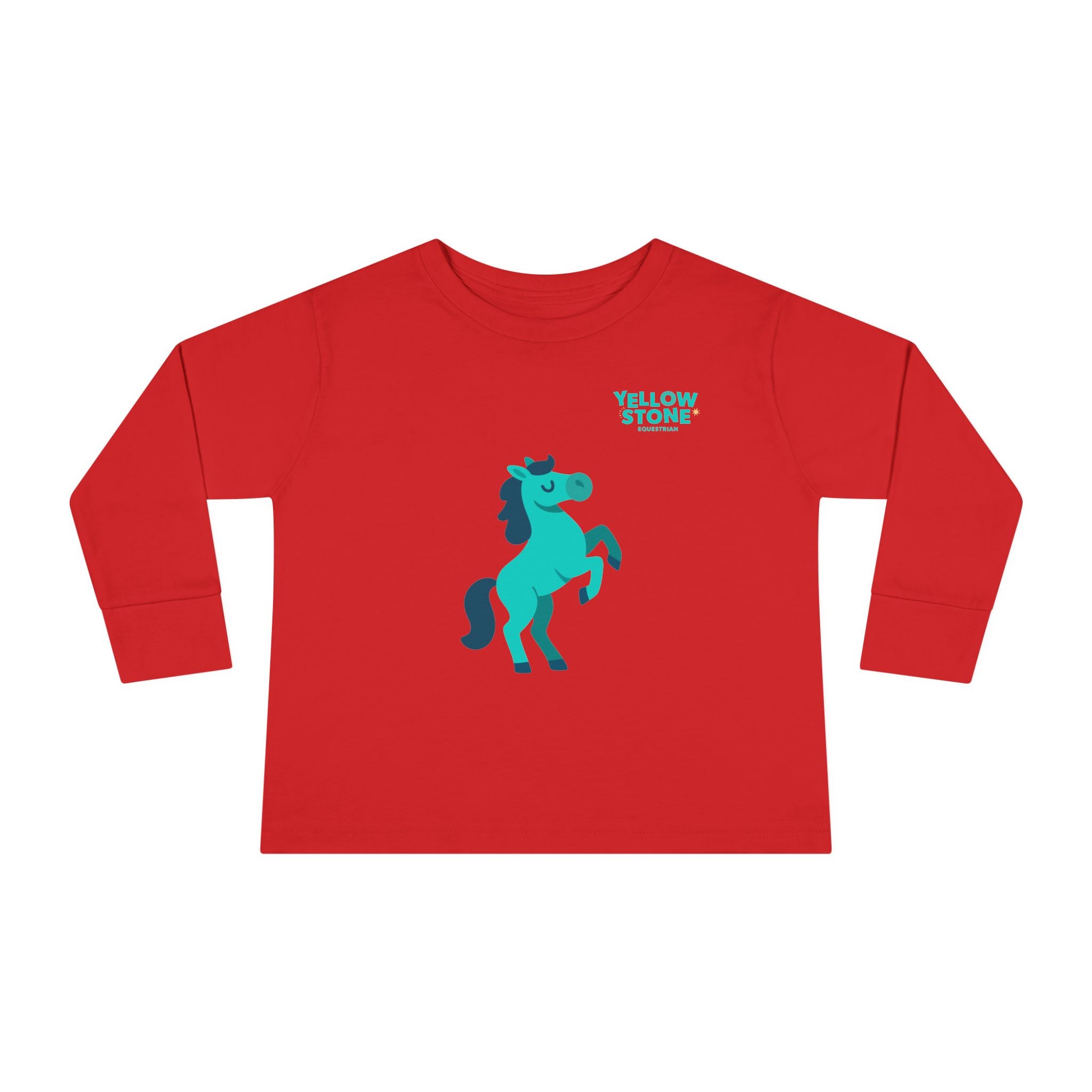 Toddler Long Sleeve Tee — Playful Teal Horse Graphic (“Yellow Stone”)