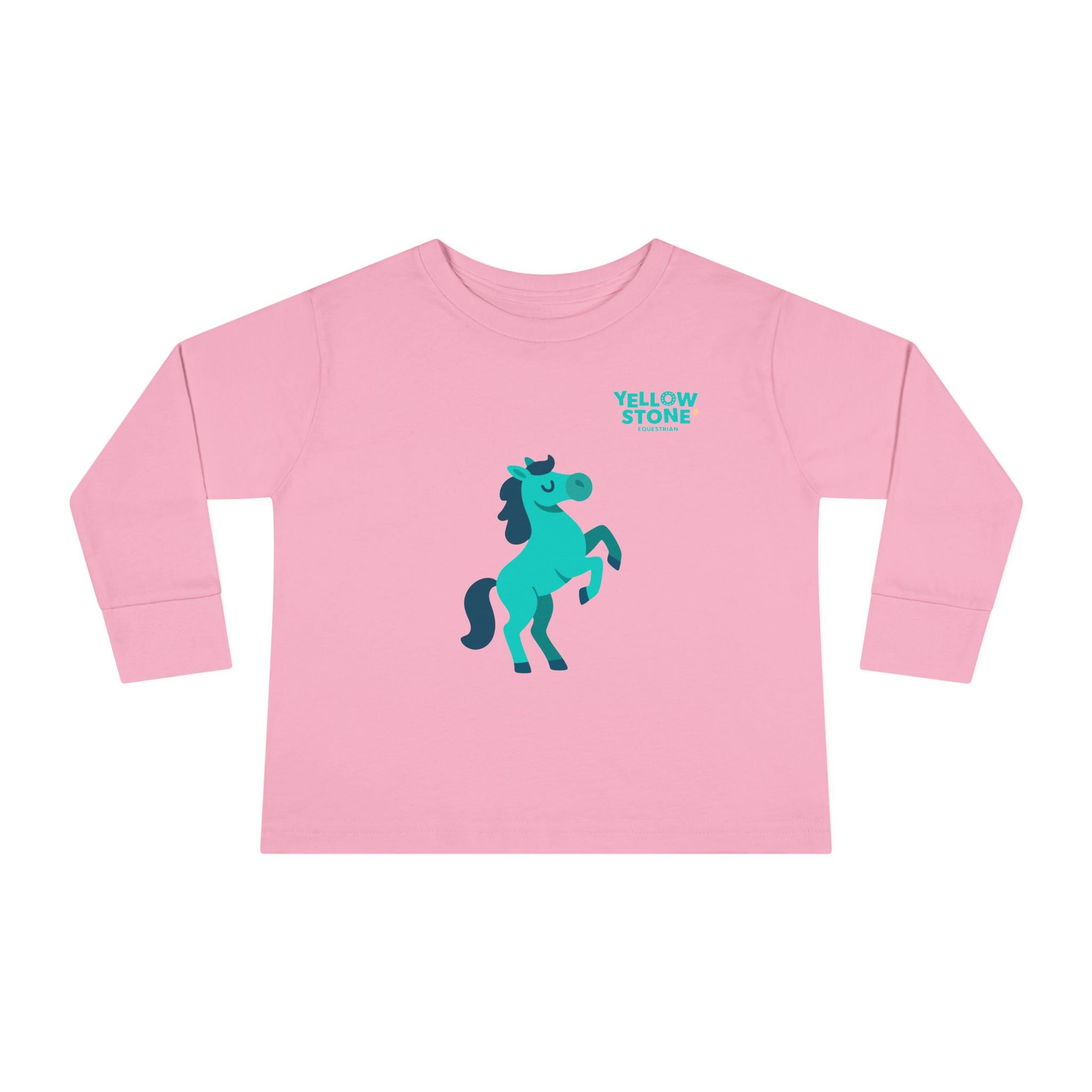 Toddler Long Sleeve Tee — Playful Teal Horse Graphic (“Yellow Stone”)