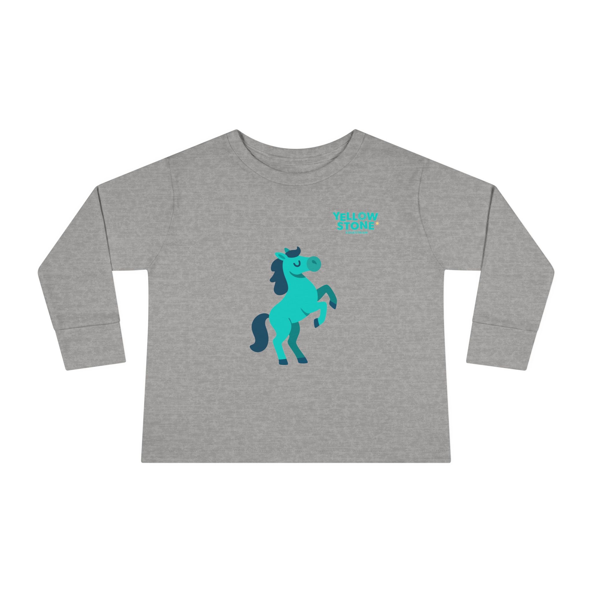 Toddler Long Sleeve Tee — Playful Teal Horse Graphic (“Yellow Stone”)